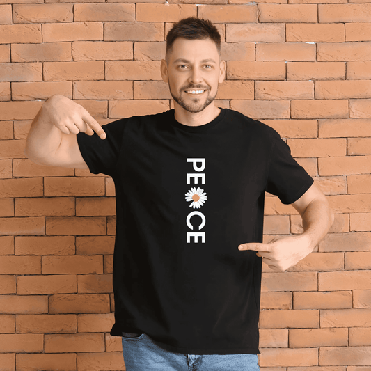 Vertical PEACE Flower Typography T-Shirt
